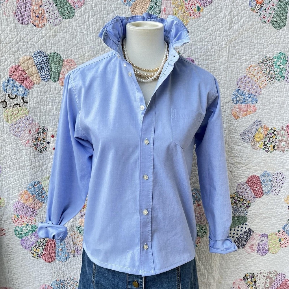 Upcycled Re-worked Chaps Sky Blue Preppy Oxford Cloth Ruffle Collar Shirt S - Picture 2 of 9